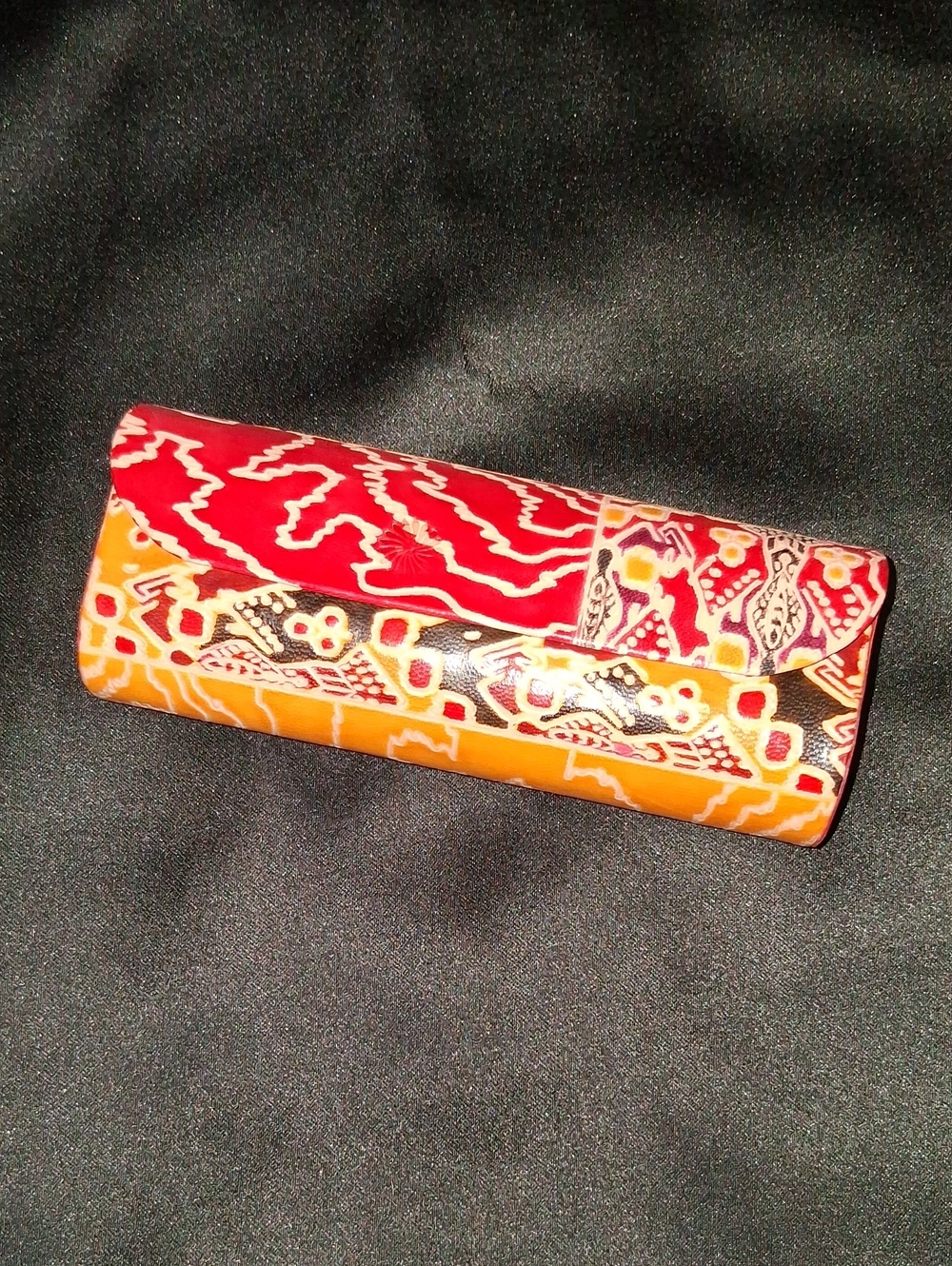 Traditional Batik Embossed Leather Eyeglass Case - Red Gold Black